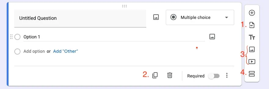 Features accessible via the icons on the right or bottom of the questions editing screen